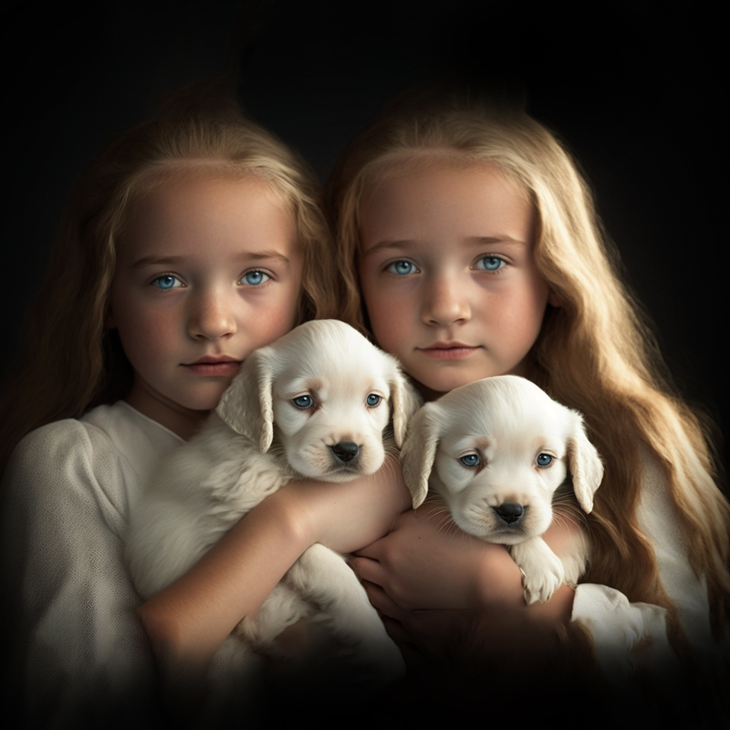 Twin Sisters with Puppies